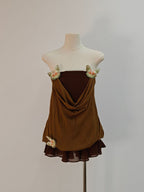 Brown 3D Butterfly Fishbone Tunic Top Mini Skirt Set Avalabel