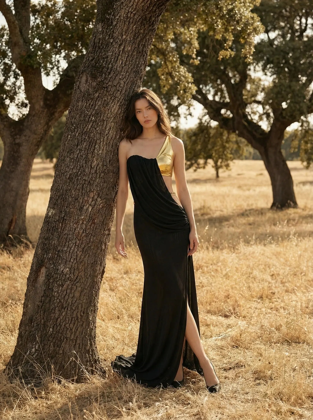 elvira one-shoulder Metal chain decoration maxi dress in black Avalabel