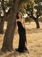 elvira one-shoulder Metal chain decoration maxi dress in black Avalabel