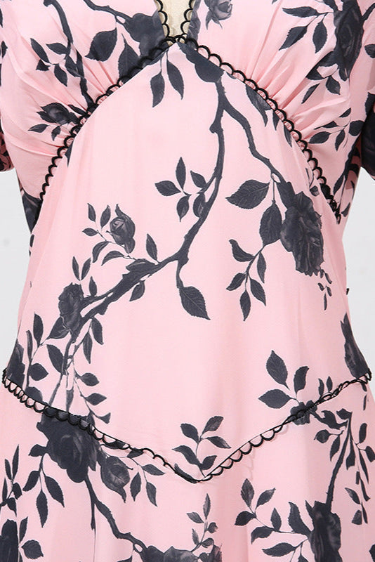 V-Neck Satin Floral Midi Dress in Pink Avalabel