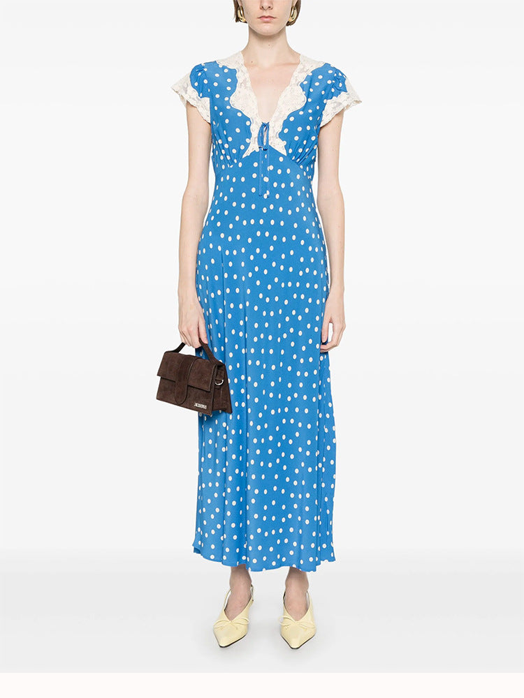 Lyuba Polka Dot Lace-Trimmed V-Neck Maxi Dress in Blue