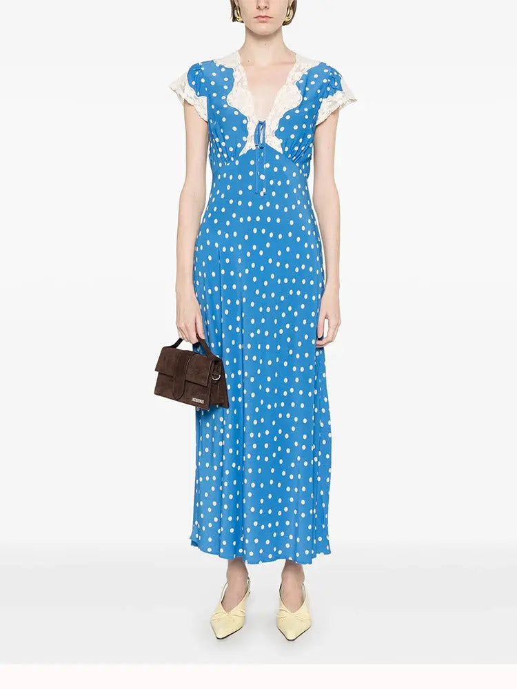 Lyuba Polka Dot Lace-Trimmed V-Neck Maxi Dress in Blue Avalabel