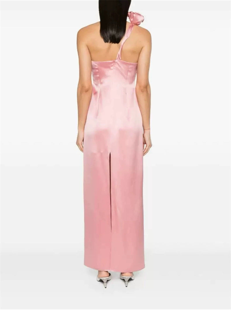 Yvonne One-Shoulder 3D Flower Satin Maxi Dress in Pink