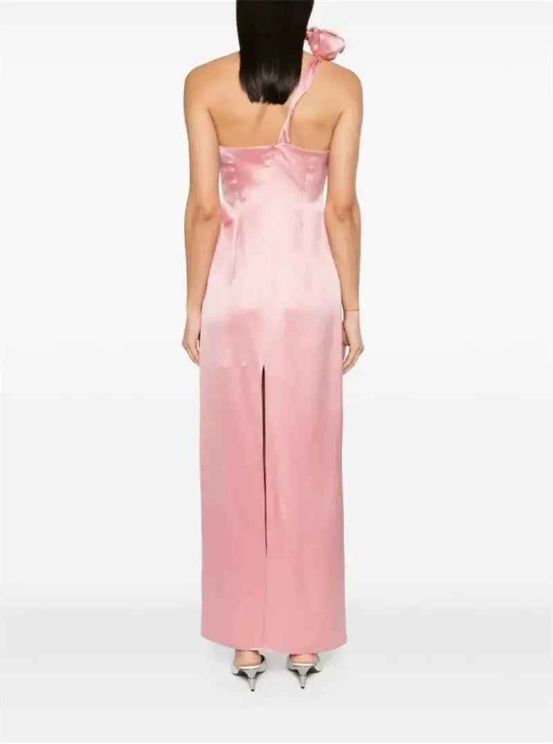 Yvonne One-Shoulder 3D Flower Satin Maxi Dress in Pink Avalabel