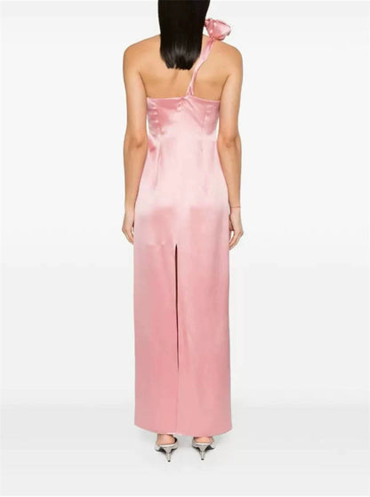 Yvonne One-Shoulder 3D Flower Satin Maxi Dress in Pink