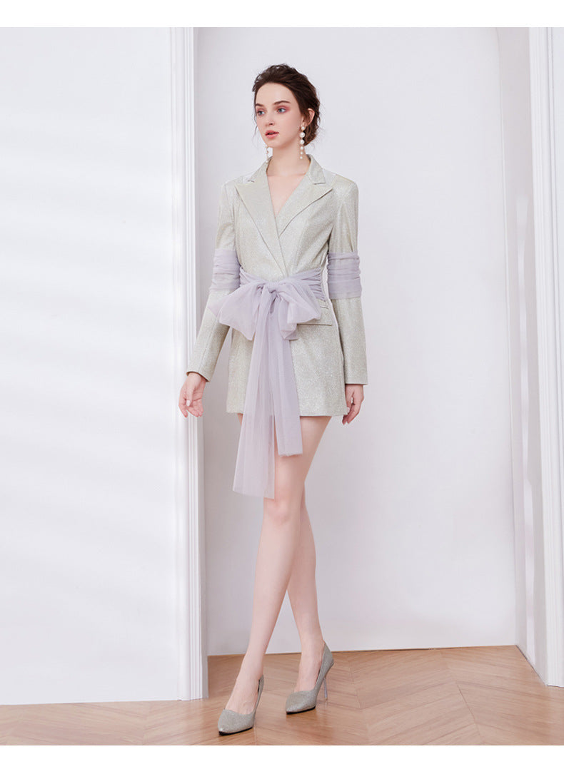 janice Mesh Ribbon Glitter blazer Dress in champagne Avalabel