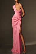 bess One-shoulder slant neck pleated maxi dress in pink Avalabel