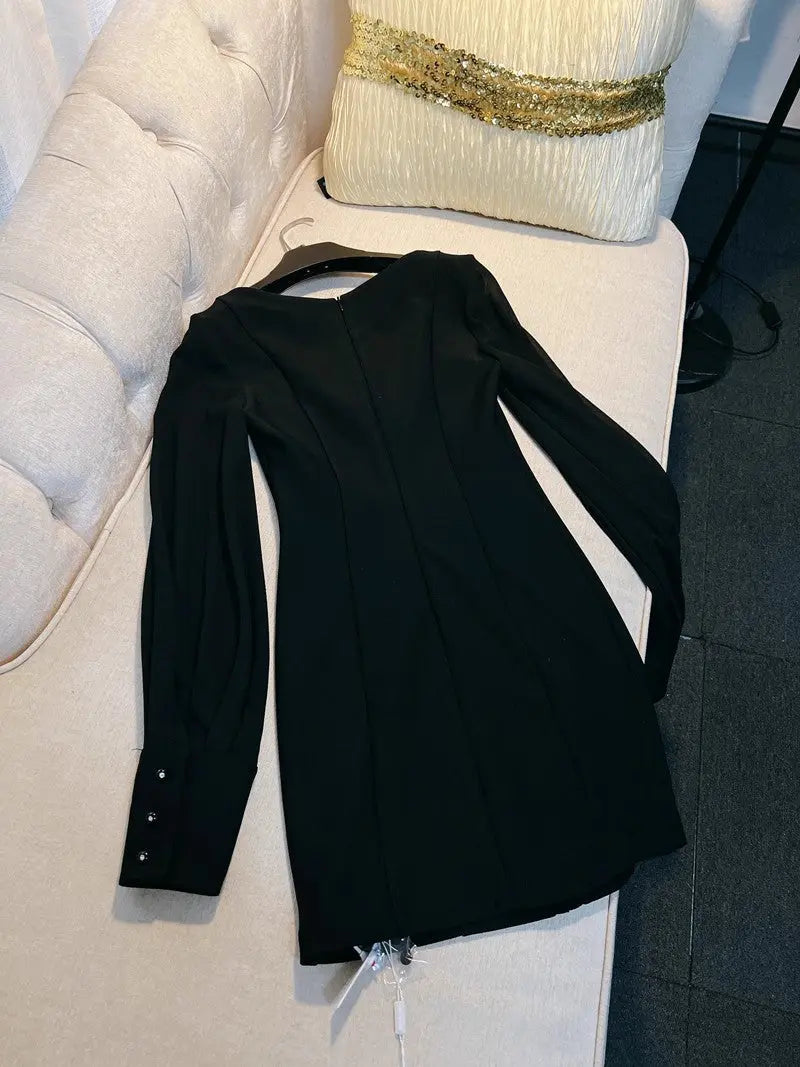 tina Cinched Waist Square Neck Long Sleeve Velvet Mini Dress in black Avalabel