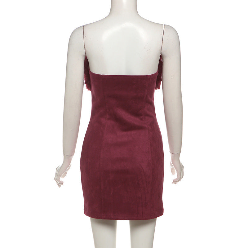 irene Fur Trim Bandage Mini Dress in Burgundy Avalabel