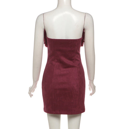 irene Fur Trim Bandage Mini Dress in Burgundy