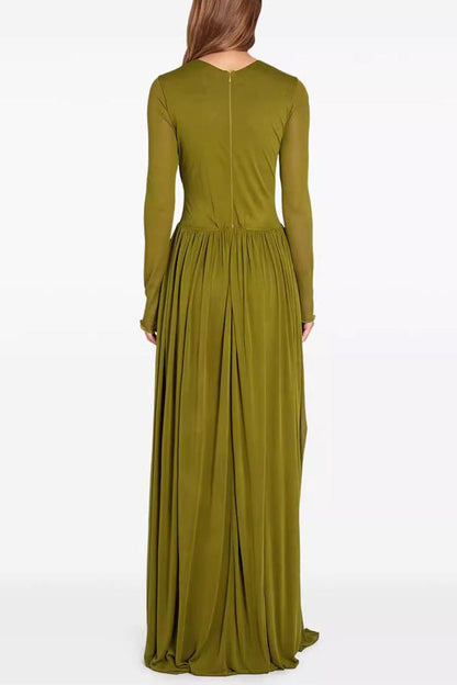 pleated maxi dress with draping Olive green