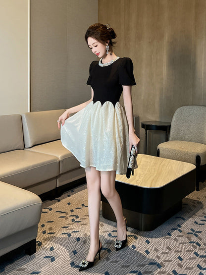 Leona Black-White Two-Tone Rhinestone Neck Sequin Mini Dress