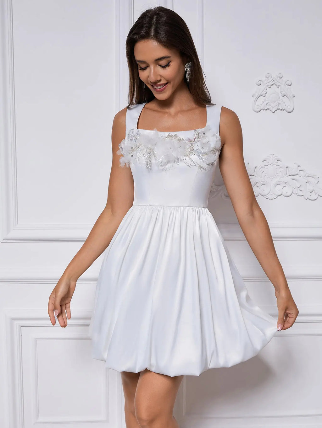 sabina appliqué Satin puffy mini dress in white Avalabel