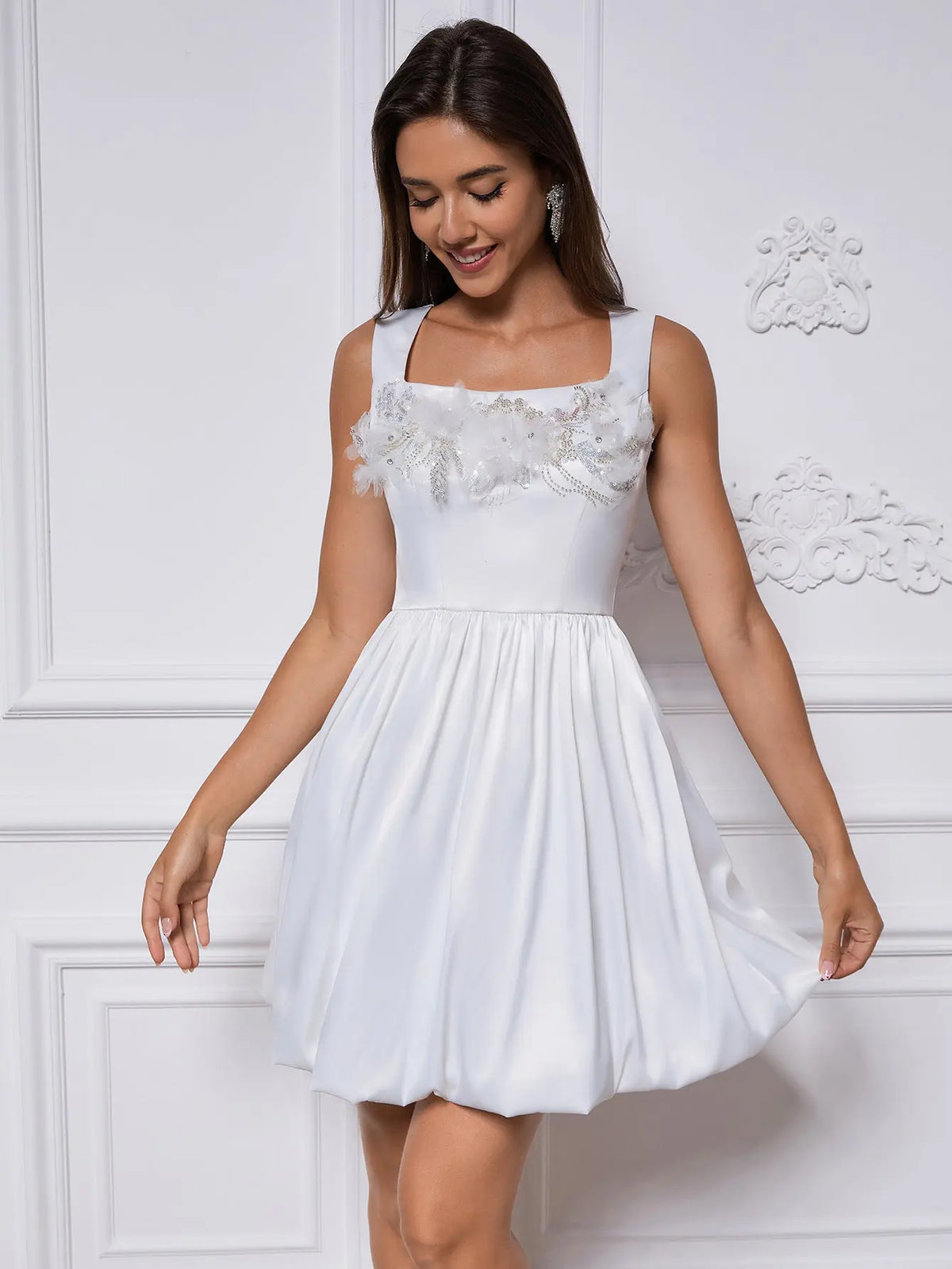 sabina appliqué Satin puffy mini dress in white Avalabel