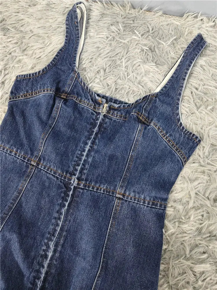 denim suspender square neck slim mini dress Avalabel
