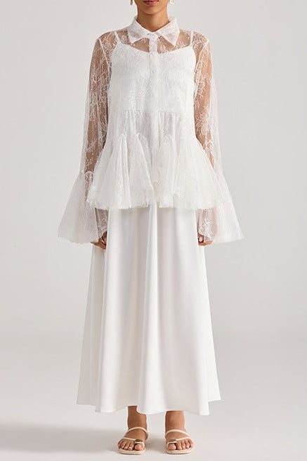 Tiffany White Lace Bell-Sleeve Ruffle Embroidered Top Maxi Skirt Set