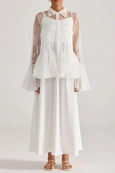 Tiffany White Lace Bell-Sleeve Ruffle Embroidered Top Maxi Skirt Set Avalabel
