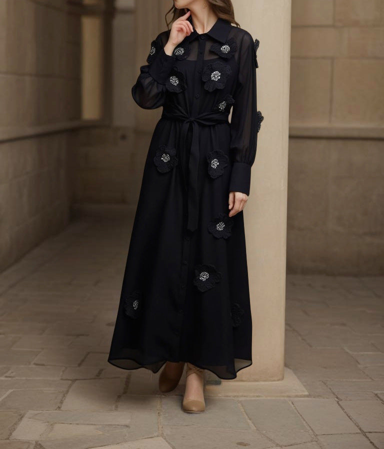 susanna floral Applique Shirt Midi Dress in black Avalabel