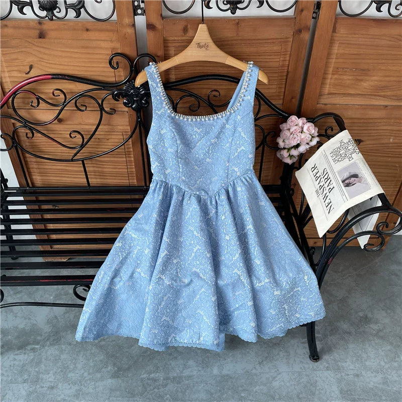 beaded square neck retro jacquard bow strap waist A-line mini dress