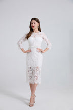 Bernice Rhinestone Fishbone Lace Midi Dress in White Avalabel