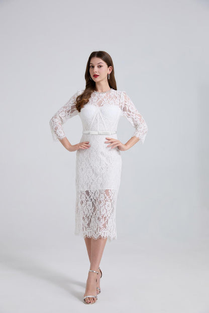 Bernice Rhinestone Fishbone Lace Midi Dress in White