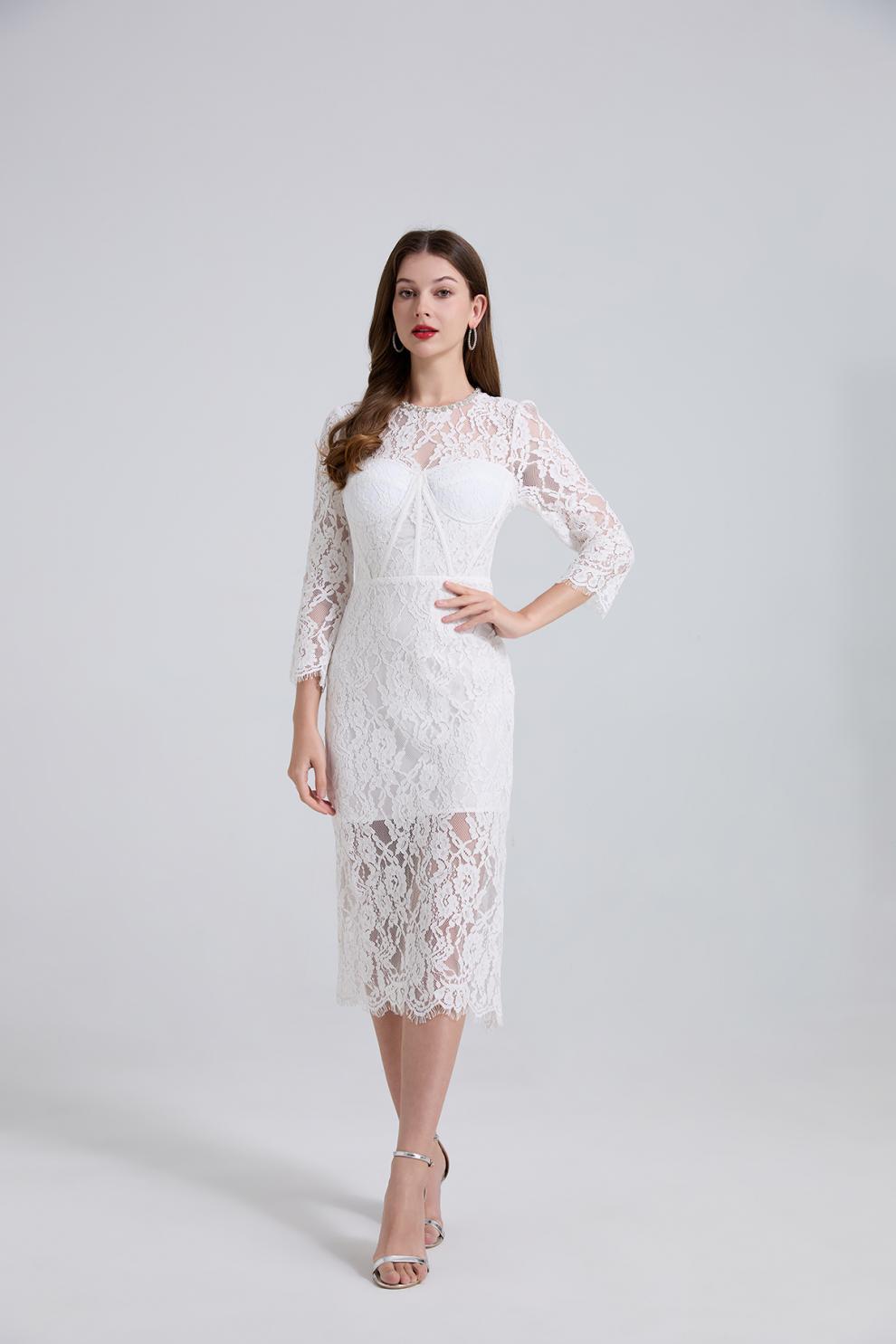 Bernice Rhinestone Fishbone Lace Midi Dress in White