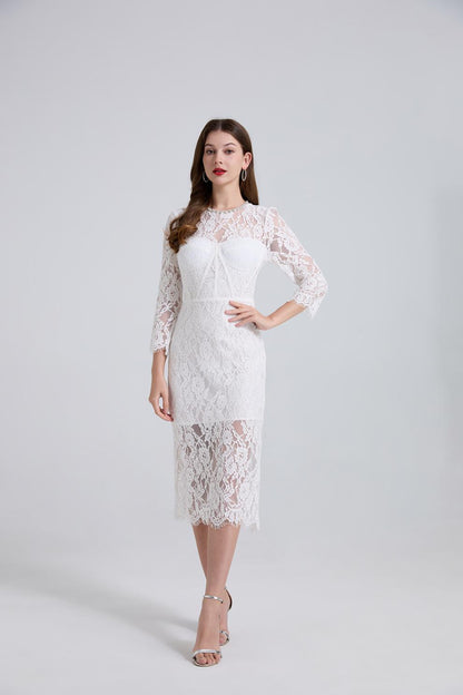 Bernice Rhinestone Fishbone Lace Midi Dress in White