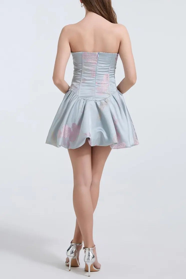 Lisa Jacquard Fishbone Bodice A-line Mini Dress in Blue Avalabel