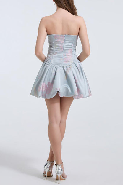 Lisa Jacquard Fishbone Bodice A-line Mini Dress in Blue