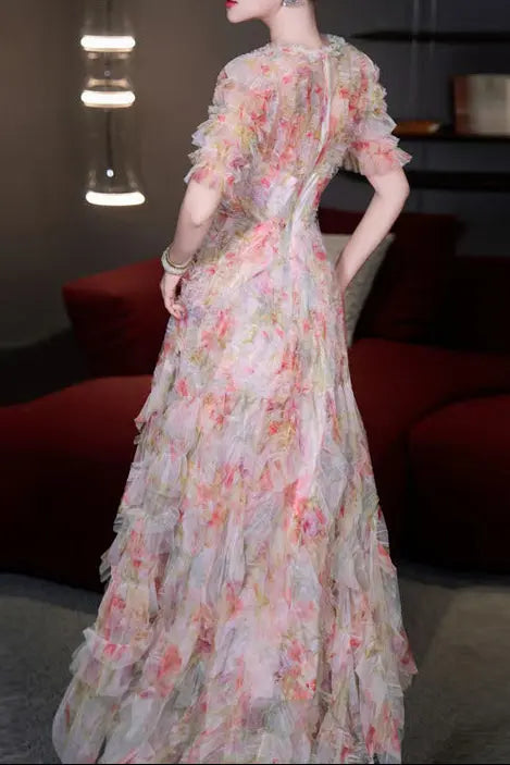 jodie v neck multicolor ruffle trim tulle maxi dress Avalabel