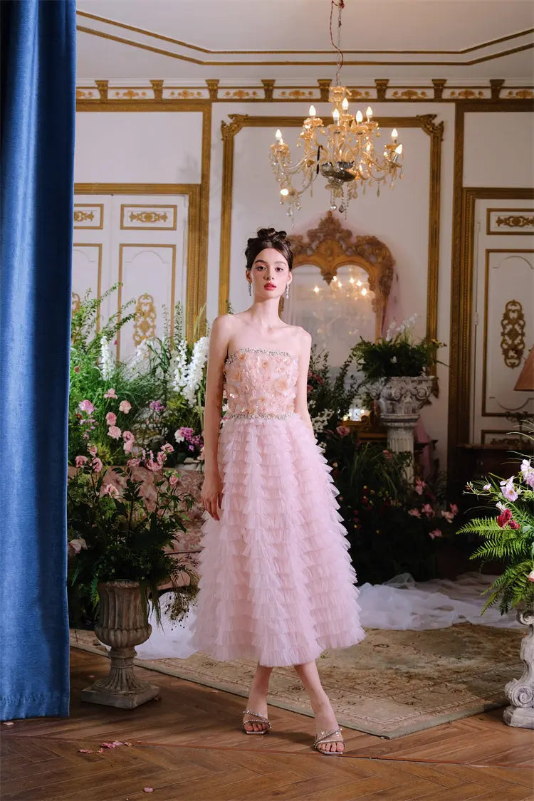 Pink Princess layer ruffle midi floral Embroidery strapless Dress Avalabel