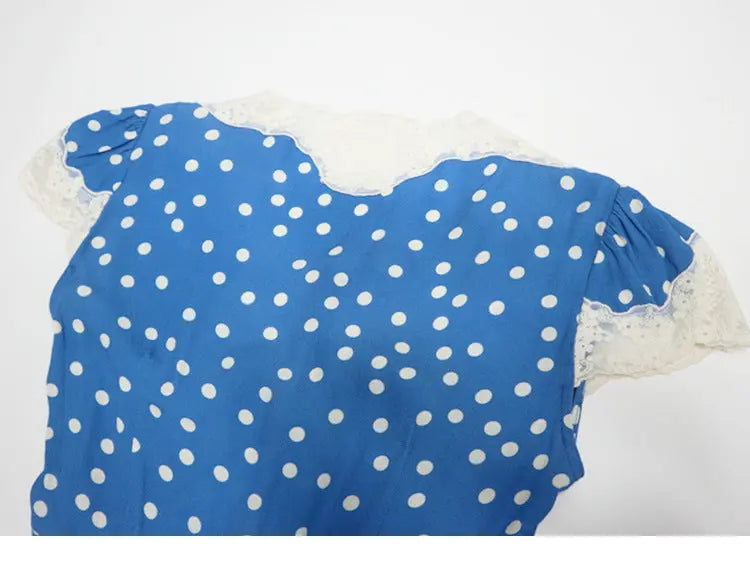 Lyuba Polka Dot Lace-Trimmed V-Neck Maxi Dress in Blue Avalabel