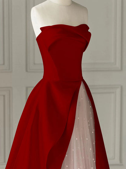 Aline Burgundy Satin sleeveless Long Prom Dress