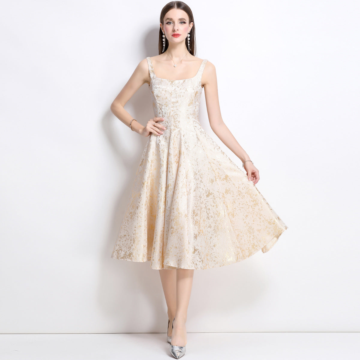 Vanessa A-line Jacquard Midi Dress - Apricot Avalabel