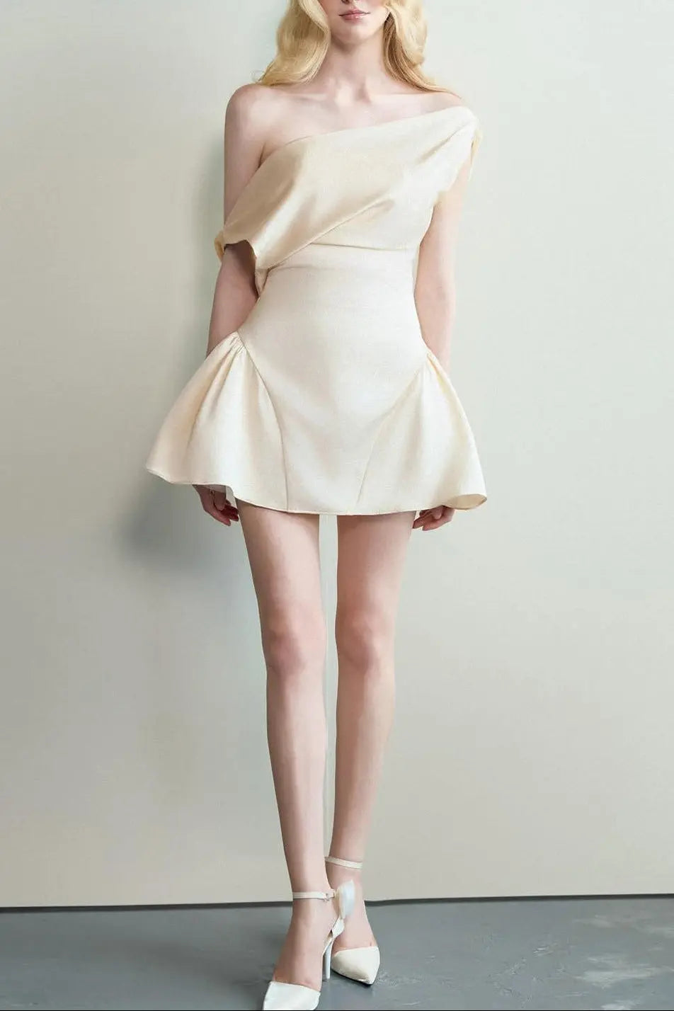 Tina Satin Ruched Mini Dress in Cream White Avalabel