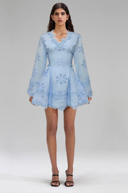 Flower Embroidery Hollow Mini Dress in White