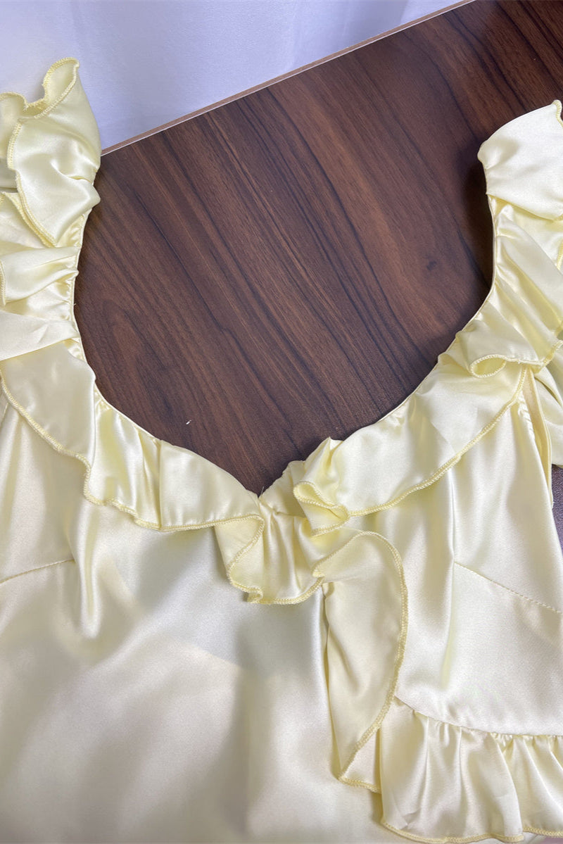 Buttercup Satin Ruffle Mini Dress in Yellow Soraya