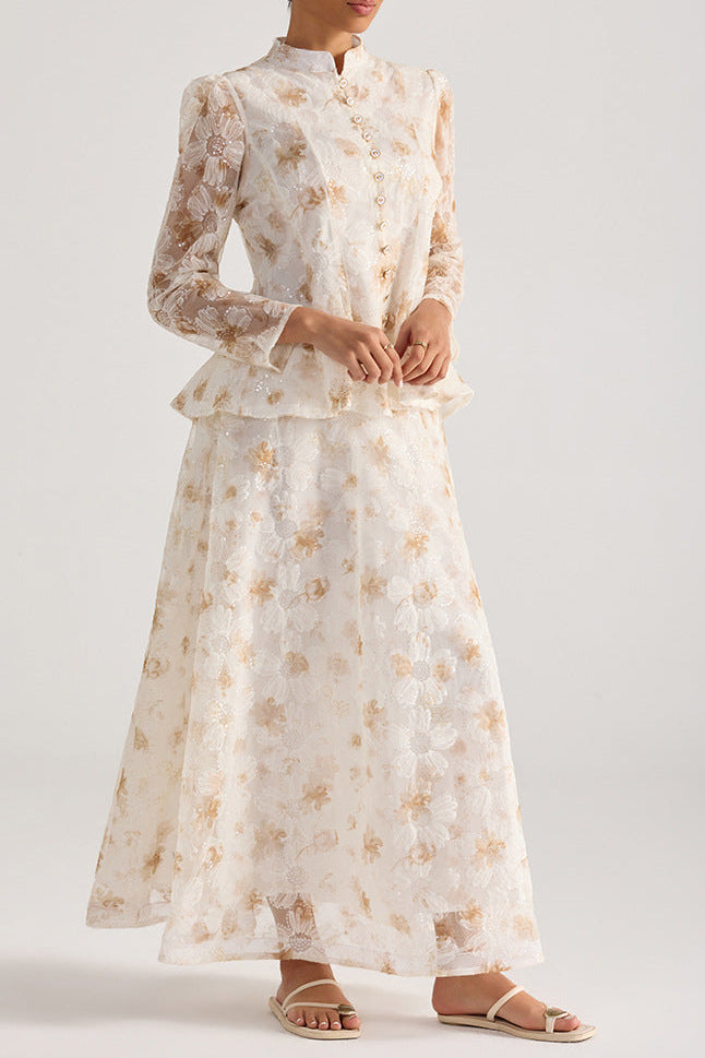 Rebecca Yellow Floral Embroidered Long-Sleeve Top Skirt Set