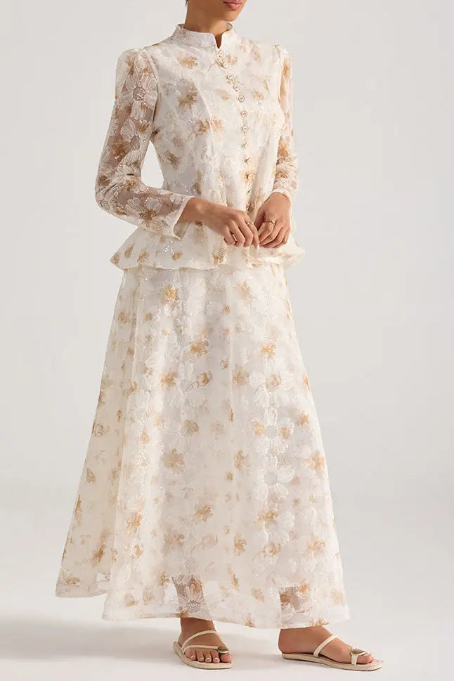 Rebecca Yellow Floral Embroidered Long-Sleeve Top Skirt Set Avalabel