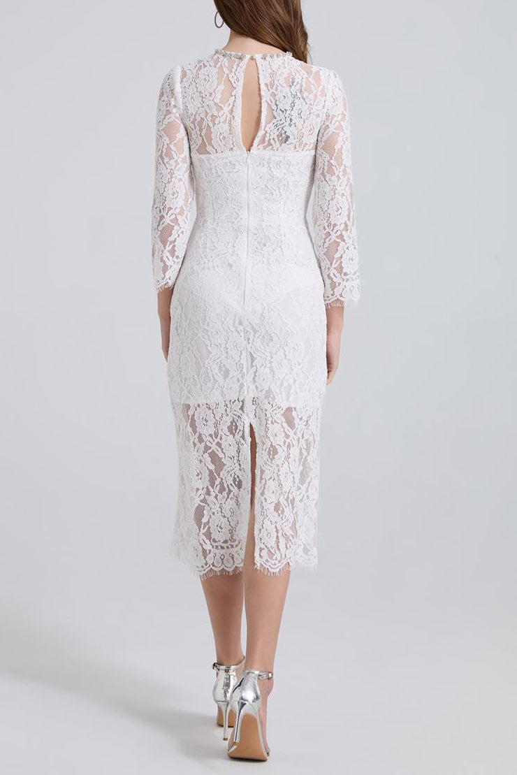 Bernice Rhinestone Fishbone Lace Midi Dress in White
