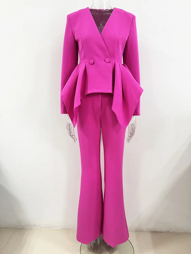 Audith Ruffled Blazer Two Piece Set - Pink Avalabel