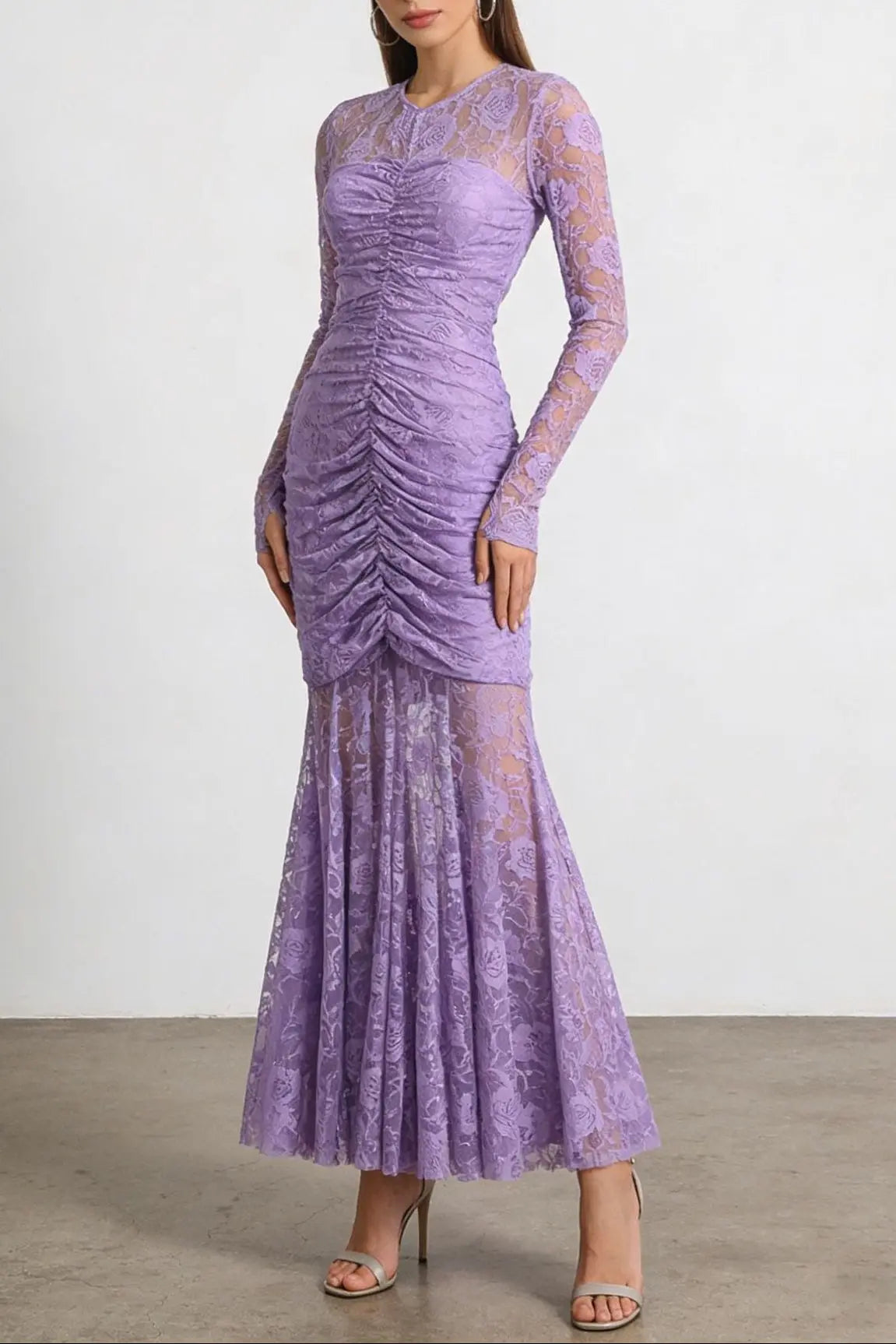 penny lace  hollow ruched bodycon long sleeve maxi dress in purple Avalabel