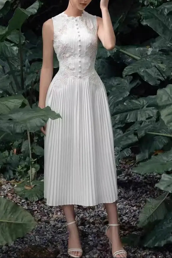 nancy lace embroidery pleated midi dress in white Avalabel