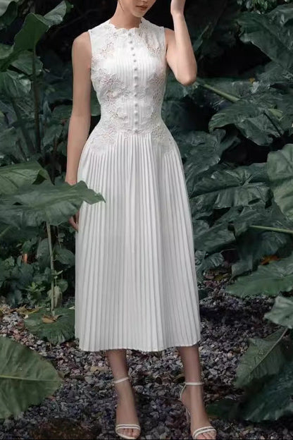 nancy lace embroidery pleated midi dress in white