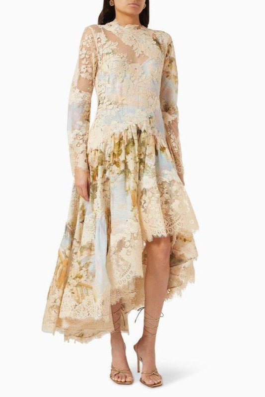Kristin Long Sleeves Floral Printed Asymmetric Lace Maxi Dress Avalabel