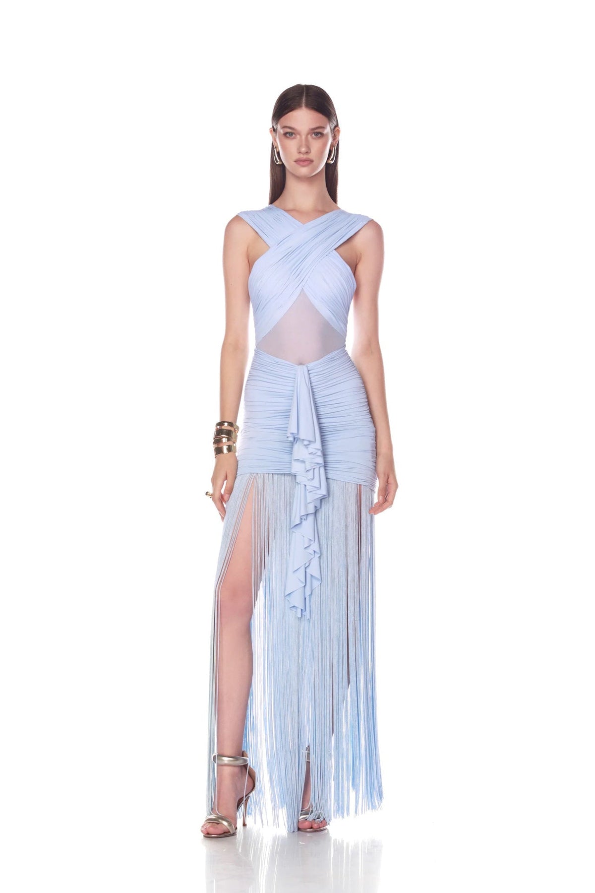 Fringe Mesh Ruched Maxi Dress Avalabel