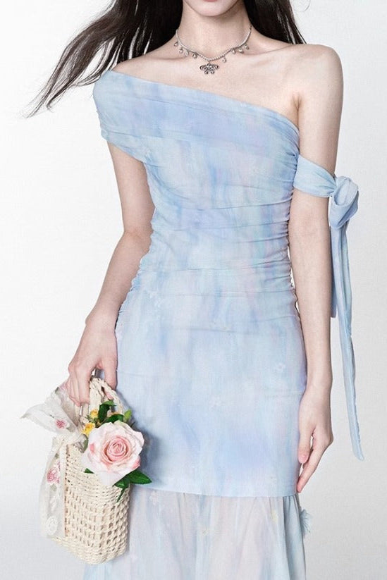 Rosalind One-Shoulder Pleated Slim Maxi Dress in Blue Avalabel