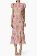 Lydia Puff Sleeve Floral Midi Dress in Pink Soraya