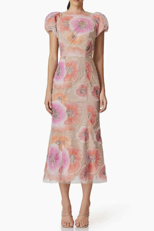Lydia Puff Sleeve Floral Midi Dress in Pink