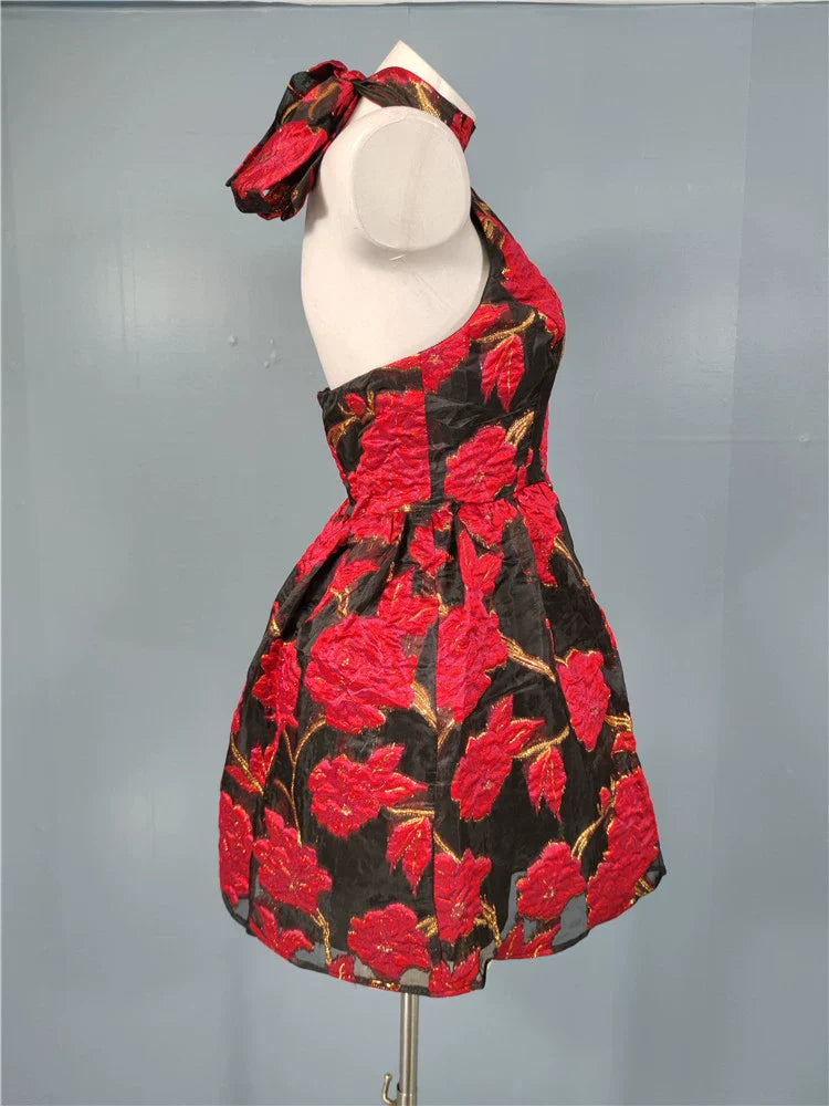 Jacquard halter backless A-line mini dress Avalabel